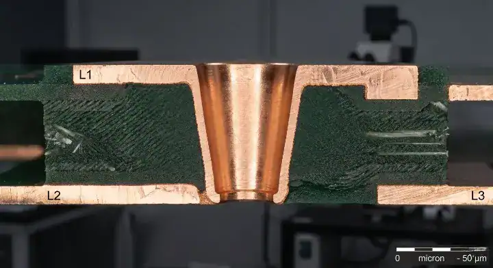 when to use hdi pcb microscopic cross section showing perfect 1 to 1 microvia aspect ratio cleanup