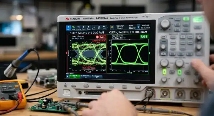 when to use hdi pcb oscilloscope displaying failing and passing eye diagrams for signal integrity cleanup