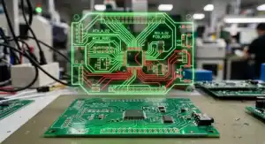 A digital gerber file layout overlaying a physical printed circuit board during the manufacturing process