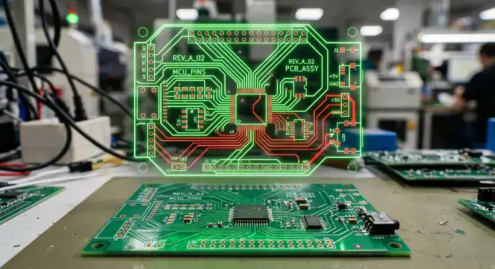 A digital gerber file layout overlaying a physical printed circuit board during the manufacturing process