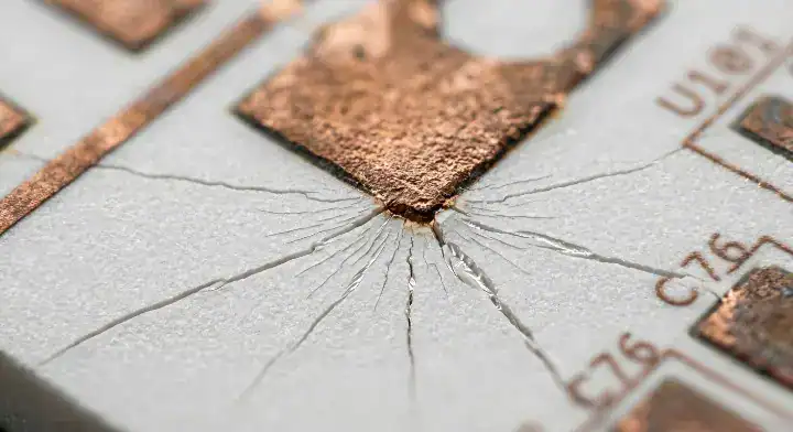 Ceramic PCB cracking during assembly Microscopic view showing thermal hairline micro fractures near thick copper pads on an AlN substrate