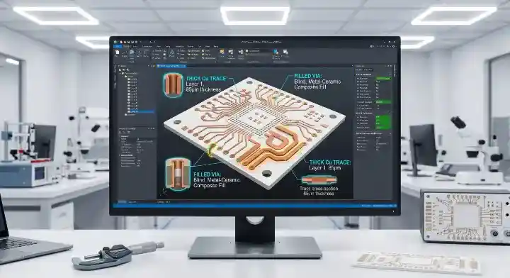Ceramic PCB lead time A computer monitor displaying a 3D CAD design of a ceramic board highlighting heavy copper traces and filled vias