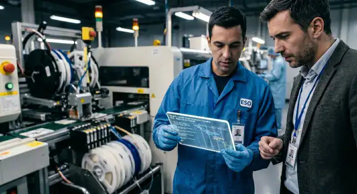 Ceramic PCB lead time An engineer and a procurement manager reviewing the production schedule and a white ceramic board in a modern factory