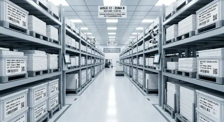 Ceramic PCB lead time Neatly organized warehouse shelves stocked with standard raw white alumina panels in an electronics factory