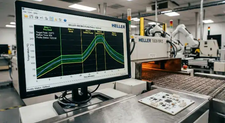 Ceramic PCB soldering Factory control panel displaying a 5 step thermal reflow profile chart with slow ramp rates