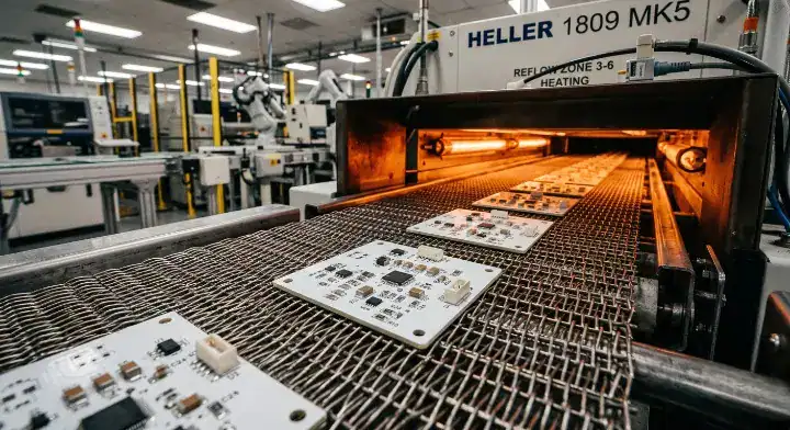 Ceramic PCB soldering High tech reflow oven processing white ceramic substrates with glowing thermal zones