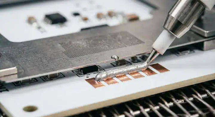 Ceramic PCB soldering Precise printing of SAC305 solder paste onto a smooth aluminum nitride ceramic substrate using a stencil