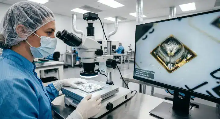 Ceramic PCB soldering Quality engineer inspecting a rigid ceramic board for micro cracks under a high resolution microscope