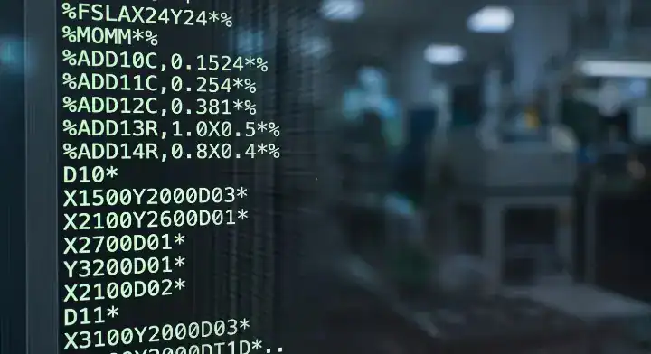 Close up view of a computer monitor displaying the raw ASCII text code and XY coordinates of a gerber file