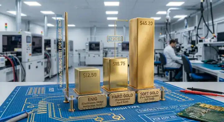 ENIG vs Hard Gold vs Soft Gold 3D bar chart showing cost per square inch differences in manufacturing