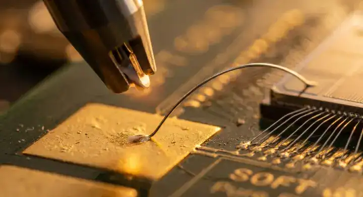 ENIG vs Hard Gold vs Soft Gold application showing ultrasonic aluminum wire bonding on a soft gold PCB substrate