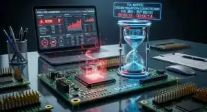 End of Life Components A fading microchip and hourglass on a circuit board