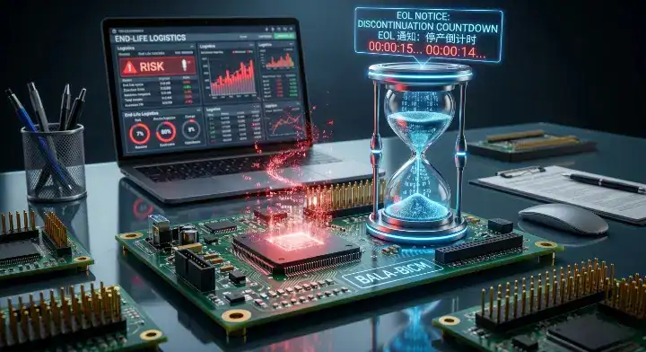 End of Life Components A fading microchip and hourglass on a circuit board