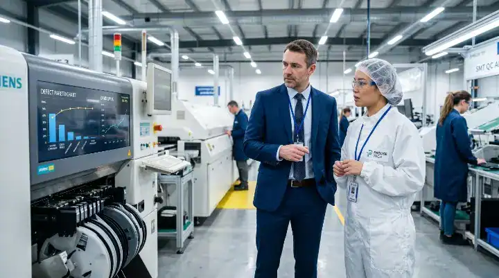 First pass yield electronics manufacturing Procurement manager and factory engineer reviewing a defect Pareto chart on a digital screen cleanup