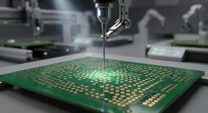 Flying probe testing a high density PCB test point design using an untented via cleanup
