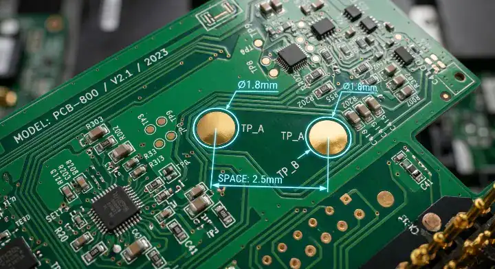 Minimum PCB test point design rules showing 1.0mm pad size and 1.27mm center to center spacing cleanup