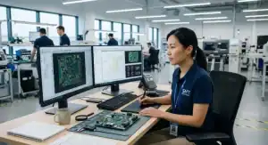 PCB assembly documentation A contract manufacturing engineer reviewing manufacturing files on dual monitors next to a printed circuit board cleanup