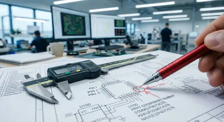 PCB assembly documentation A detailed PCB assembly drawing on paper with a red pen pointing to a clear Pin 1 polarity mark cleanup