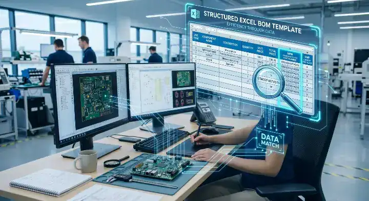 PCB assembly documentation A structured Excel BOM template highlighting MPN, Reference Designator, and DNP columns for manufacturing cleanup