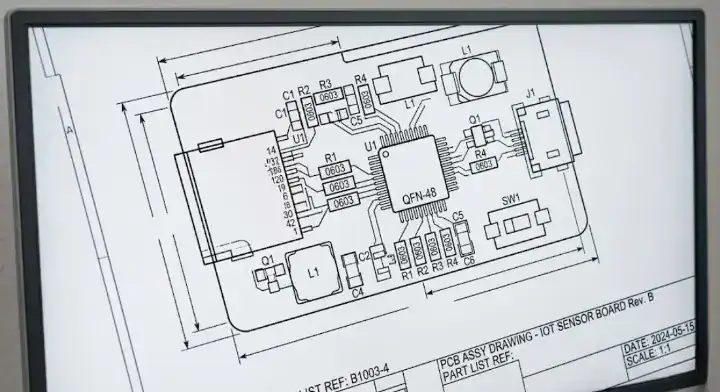 PCB assembly drawing digital view showing required elements like reference designators and precise board outlines