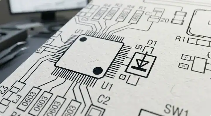 PCB assembly drawing extreme close up clearly showing an IC pin 1 dot and diode cathode arrow polarity markings