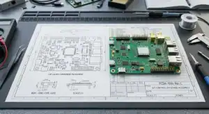 PCB assembly drawing printed on paper next to a fully assembled circuit board on an engineer's workbench