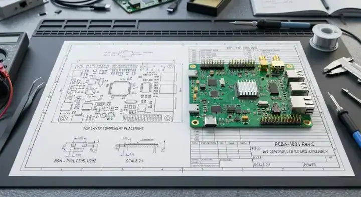 PCB assembly drawing printed on paper next to a fully assembled circuit board on an engineer's workbench