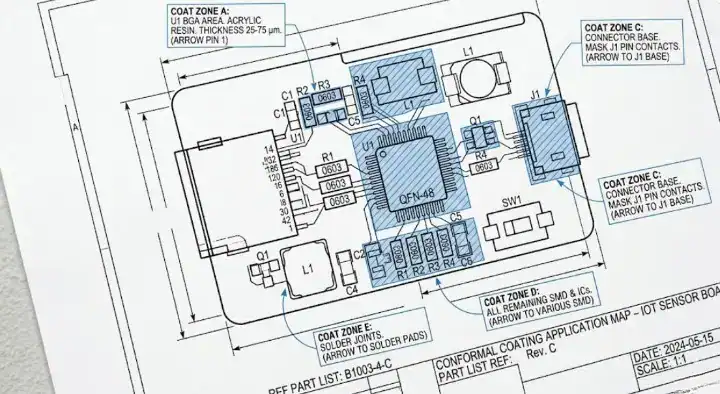 PCB assembly drawing showing hatched zones and callout boxes for special conformal coating instructions
