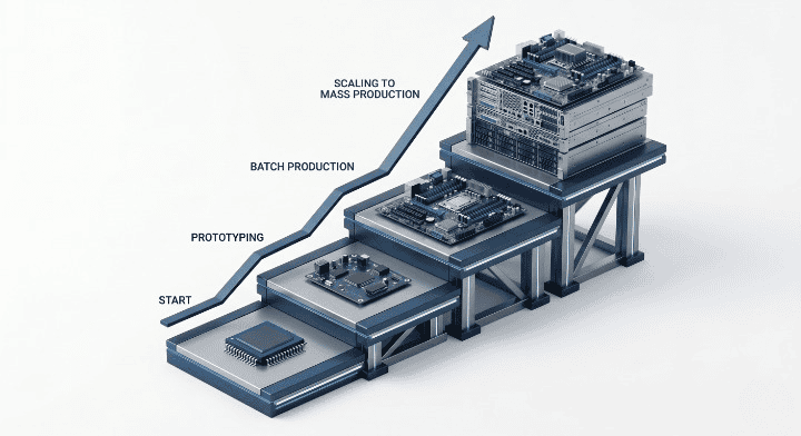 PCB assembly ramp up 3D Infographic showing the 6 phases from pilot to mass production cleanup