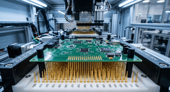 PCB assembly ramp up Automated In Circuit Test (ICT) fixture inspecting green circuit boards cleanup