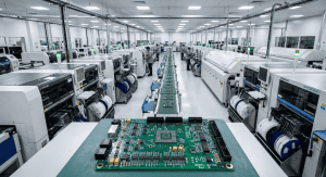 PCB assembly ramp up Modern high volume SMT production line operating at full scale cleanup