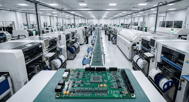 PCB assembly ramp up Modern high volume SMT production line operating at full scale cleanup