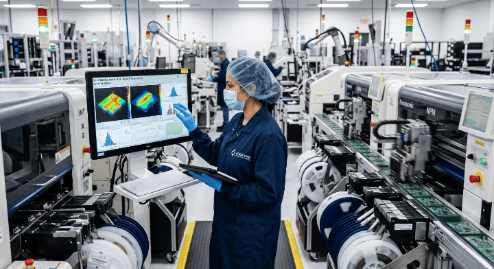PCB assembly ramp up Quality engineer reviewing 3D SPI and AOI defect data on the factory floor cleanup
