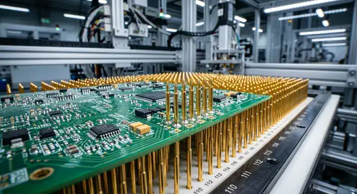 PCB assembly test strategy Close up of a custom ICT bed of nails fixture with gold pogo pins cleanup