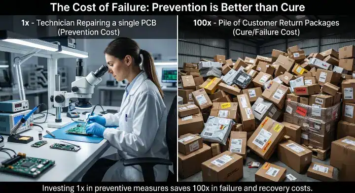 PCB assembly test strategy Illustrating the 100x cost multiplier of a field failure vs factory rework cleanup