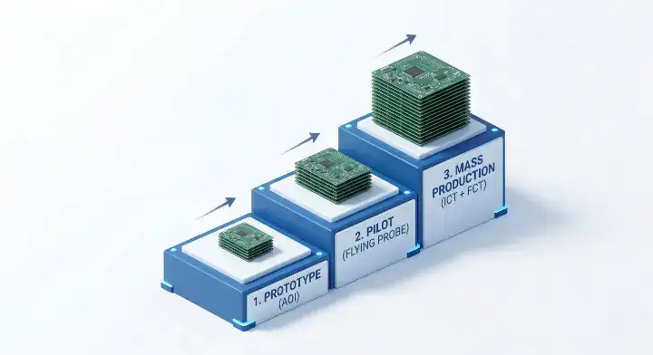 PCB assembly test strategy Infographic showing the evolution of testing from prototype to mass production cleanup