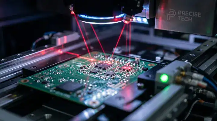 PCB assembly yield benchmark Automated Optical Inspection (AOI) machine scanning a high density circuit board for defects cleanup