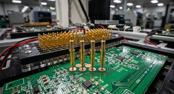 PCB test point design in action showing an ICT bed of nails fixture testing a printed circuit board cleanup