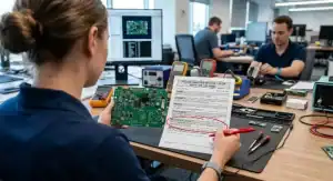 PCBA failure analysis report Hardware engineer reviewing defect root cause document on desk