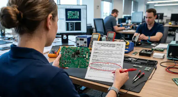 PCBA failure analysis report Hardware engineer reviewing defect root cause document on desk