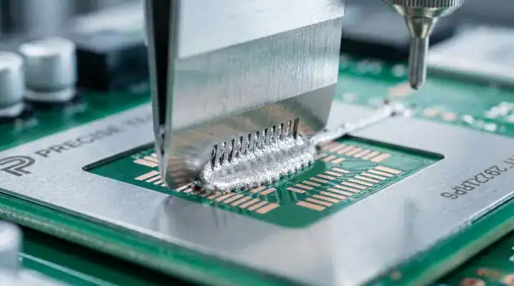 PCBA yield rate Extreme close up of precise silver solder paste being applied through a steel stencil cleanup