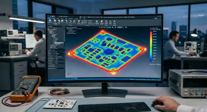 ceramic PCB copper peeling 3D finite element analysis simulation showing thermal stress concentration on copper pad edges during thermal cycling
