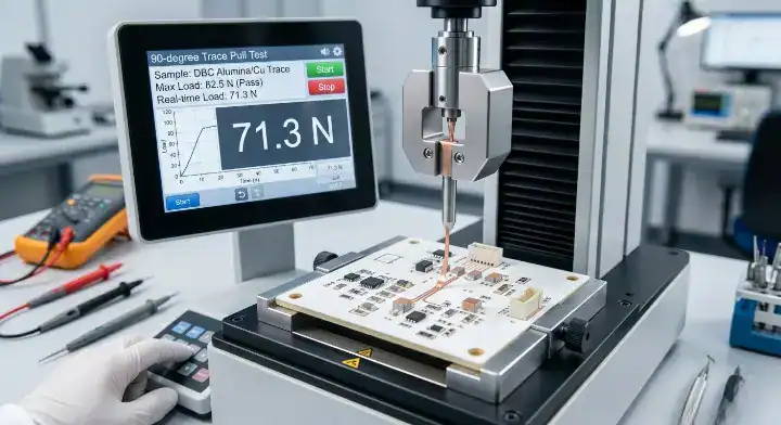 ceramic PCB copper peeling Precision mechanical peel strength tester measuring the copper bond adhesion in a quality control laboratory