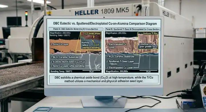 ceramic PCB copper peeling SEM cross section diagram comparing direct bonded copper (DBC) and direct plated copper (DPC) microstructures