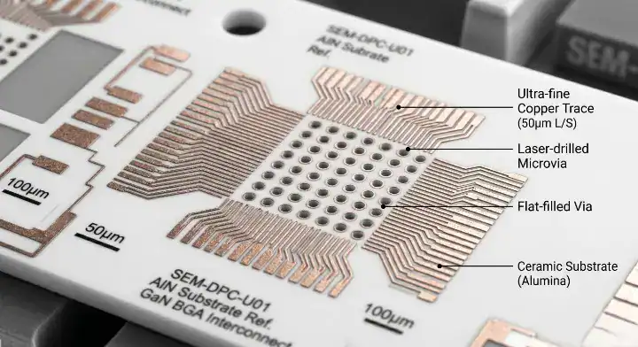 ceramic PCB maximum size Microscopic view of fine line DPC traces and filled microvias designed to shrink total board area
