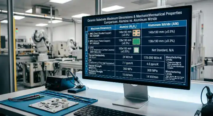 ceramic PCB maximum size Technical comparative chart on a monitor displaying dimensional and layering limits for DBC, DPC, and LTCC