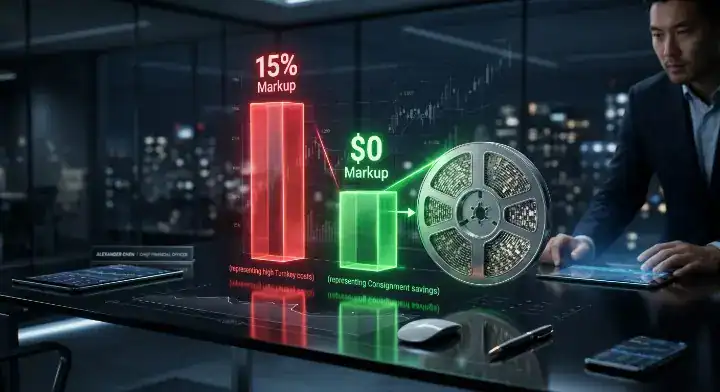 consignment pcb assembly 3D infographic comparing higher turnkey markup costs against lower consignment logistics