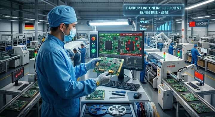 dual source pcb manufacturer qualification Senior engineer comparing a golden board reference with a pilot batch under a 3D AOI machine