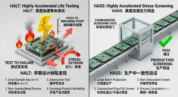 halt testing pcb An infographic comparing the HALT design discovery process with HASS manufacturing screening