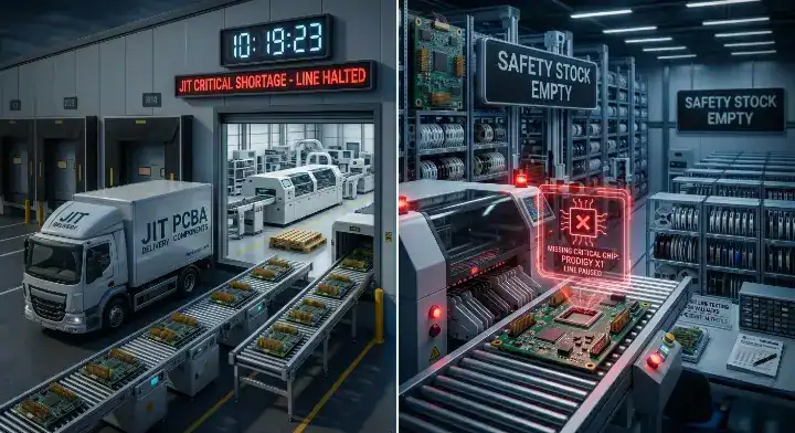jit pcb assembly A halted surface mount technology production line with a red holographic alert indicating a missing critical microchip
